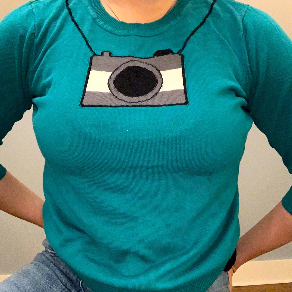 Modcloth Teal Camera Intarsia Sweater
